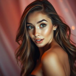 A stunning 30-year-old woman with a surprised expression, facing directly towards the camera with a sensual pose