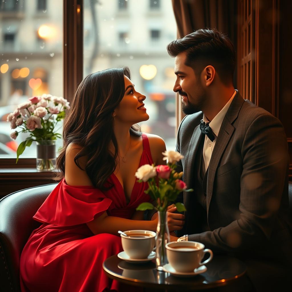 A romantic and intimate scene featuring a couple named Valentina and Alessandro
