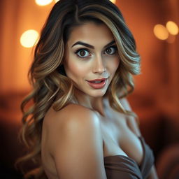 A beautiful 30-year-old woman with a surprised expression, directly facing the camera in a sensual pose