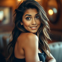 A gorgeous 30-year-old woman with a surprised expression, looking directly at the camera while striking a sensual pose