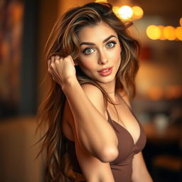 A gorgeous 30-year-old woman with a surprised expression, looking directly at the camera while striking a sensual pose