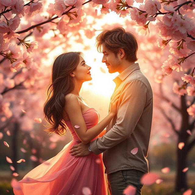 A romantic scene depicting Valentina and Alessandro together in a beautiful outdoor setting, surrounded by blossoming cherry trees with soft petals falling around them