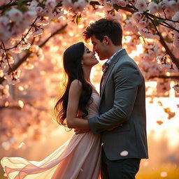 A romantic scene depicting Valentina and Alessandro together in a beautiful outdoor setting, surrounded by blossoming cherry trees with soft petals falling around them