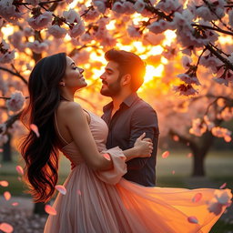 A romantic scene depicting Valentina and Alessandro together in a beautiful outdoor setting, surrounded by blossoming cherry trees with soft petals falling around them