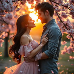 A romantic scene depicting Valentina and Alessandro together in a beautiful outdoor setting, surrounded by blossoming cherry trees with soft petals falling around them