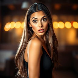 A beautiful 30-year-old woman with a surprised look on her face, directly facing the camera in a sensual pose