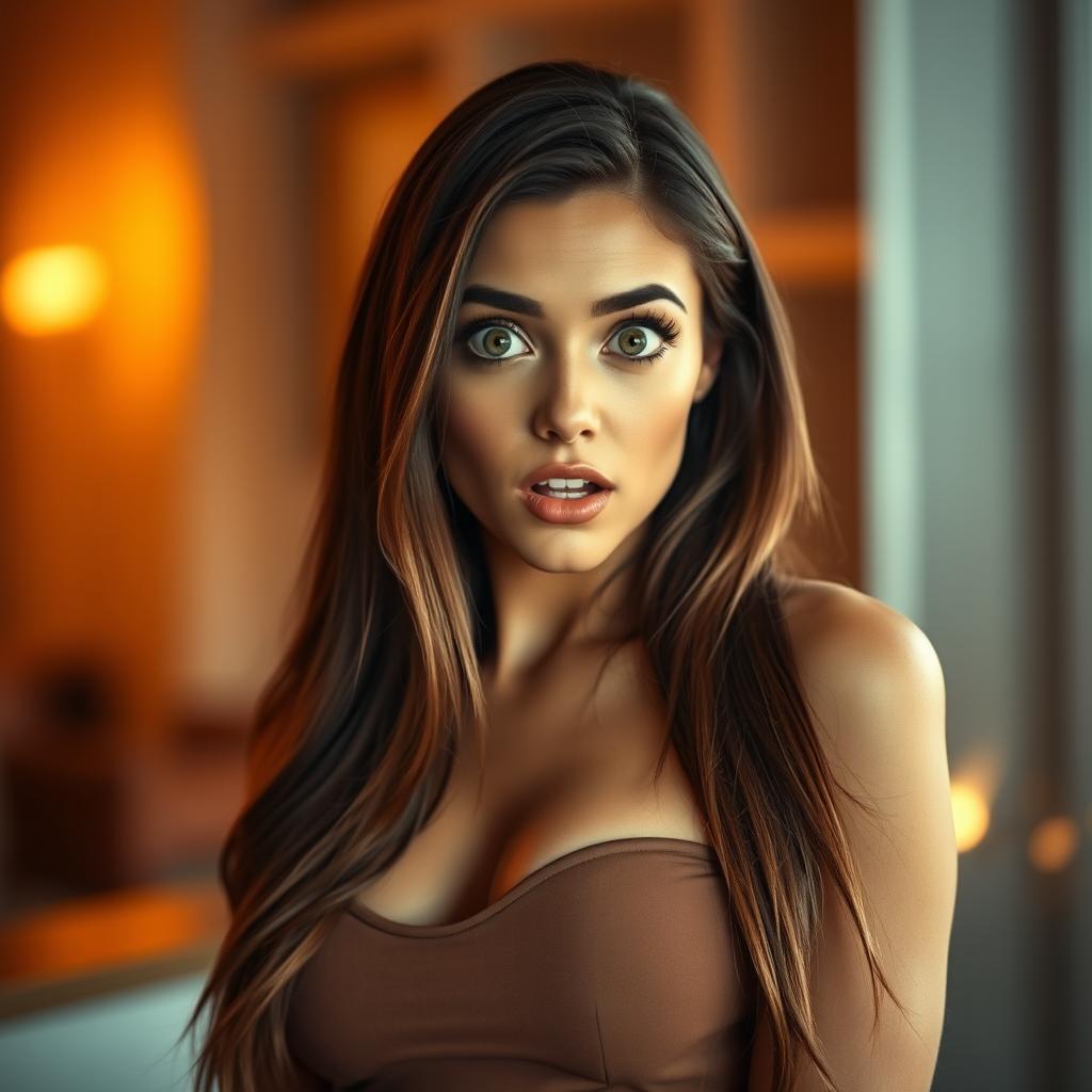 A beautiful 30-year-old woman with a surprised look on her face, directly facing the camera in a sensual pose