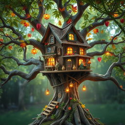 A whimsical and mystical treehouse intricately designed to represent a family tree