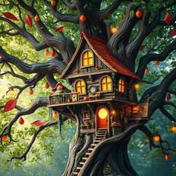 A whimsical and mystical treehouse intricately designed to represent a family tree