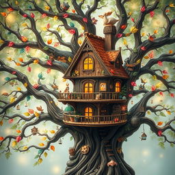 A whimsical and mystical treehouse intricately designed to represent a family tree
