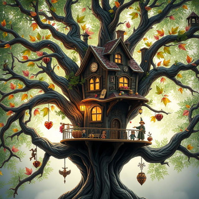 A whimsical and mystical treehouse intricately designed to represent a family tree