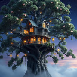 A captivating mystical tree house nestled high in a majestic, ancient tree