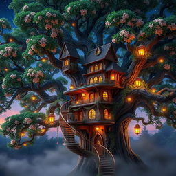 A captivating mystical tree house nestled high in a majestic, ancient tree