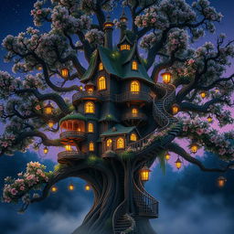 A captivating mystical tree house nestled high in a majestic, ancient tree