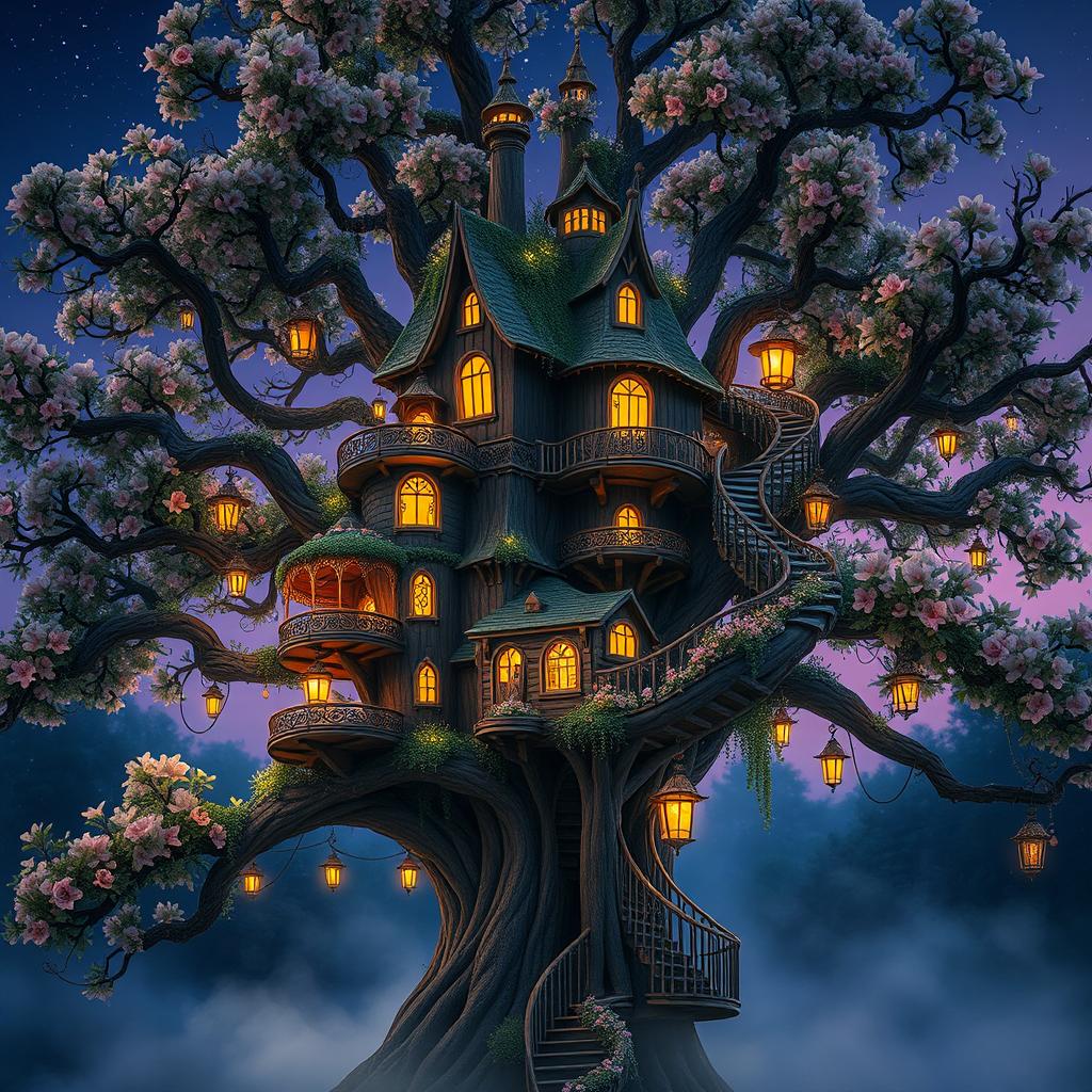 A captivating mystical tree house nestled high in a majestic, ancient tree