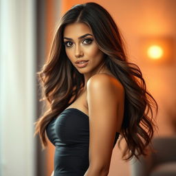 A stunning 30-year-old woman with a surprised look, looking directly at the camera in a sensual pose