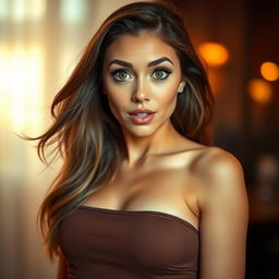 A stunning 30-year-old woman with a surprised look, looking directly at the camera in a sensual pose