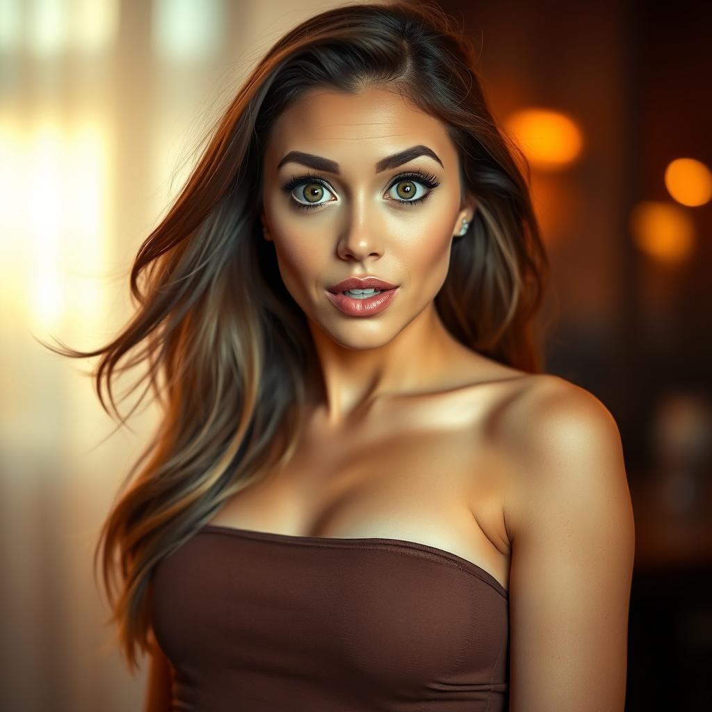 A stunning 30-year-old woman with a surprised look, looking directly at the camera in a sensual pose