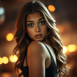 A stunning 30-year-old woman with an expression of surprise, facing directly towards the camera in a sensual pose