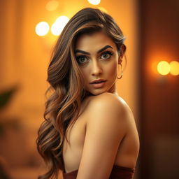 A stunning 30-year-old woman with an expression of surprise, facing directly towards the camera in a sensual pose