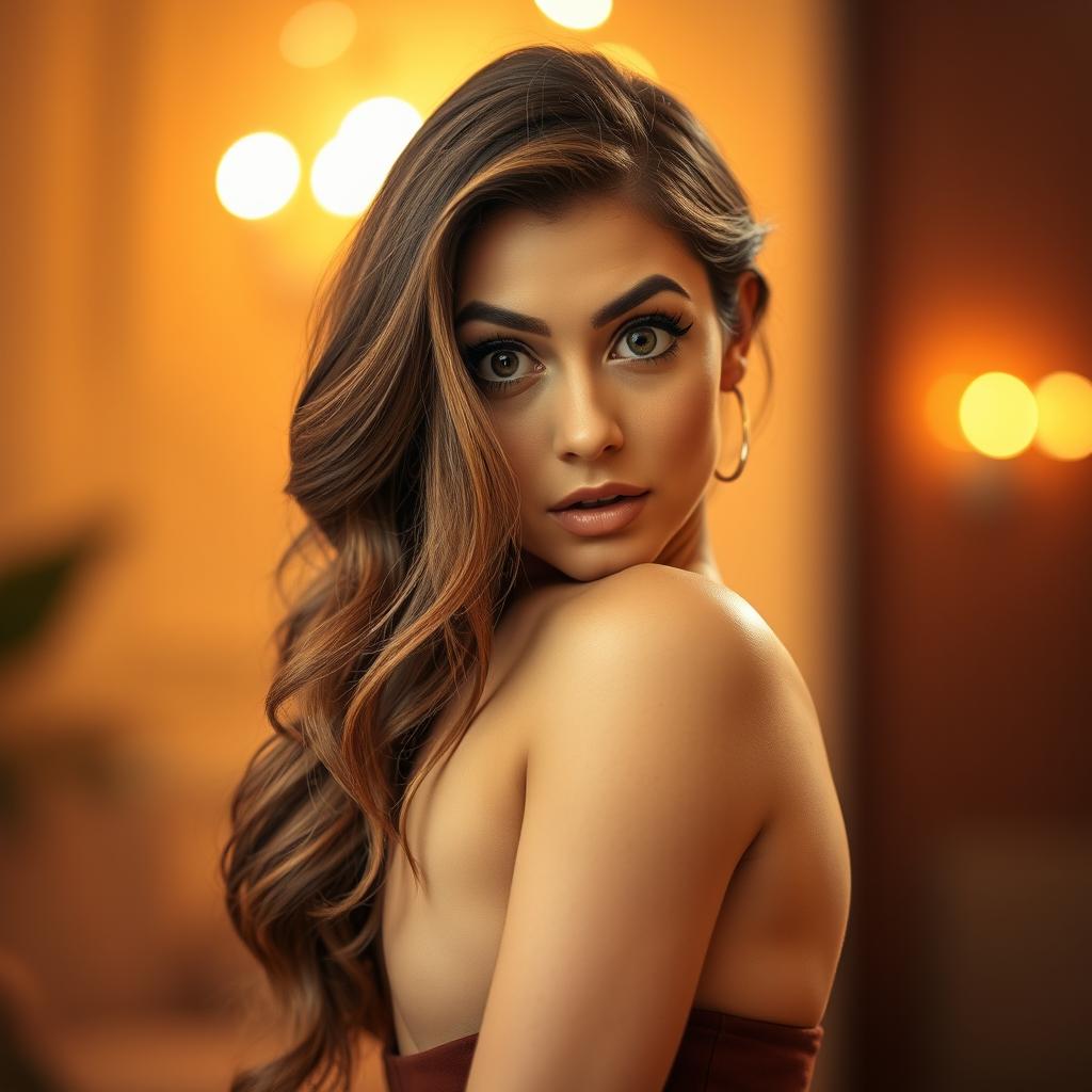A stunning 30-year-old woman with an expression of surprise, facing directly towards the camera in a sensual pose