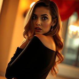 A stunning 30-year-old woman with an expression of surprise, facing directly towards the camera in a sensual pose