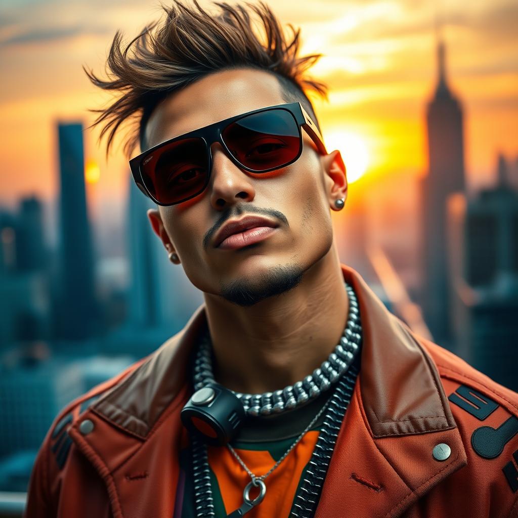 A close-up portrait of a confident, stylish man embodying the essence of an innovative musician, dressed in futuristic streetwear, with striking sunglasses and a unique hairstyle
