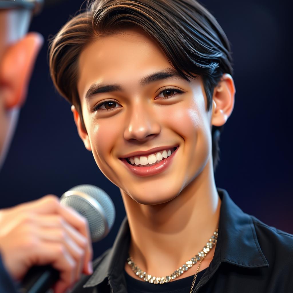 A young, fresh-faced male model with a defined, angular face and a slender nose, embodying a youthful baby face