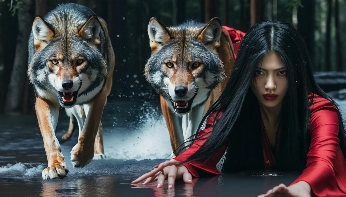 Enchanting Winter Wonderland: Woman, Wolf & Husky