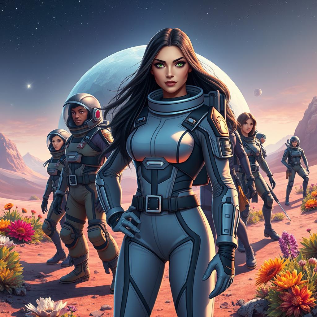 A powerful and confident woman with long black hair and striking green eyes, suited up in a sleek space uniform, standing heroically on the surface of a distant planet