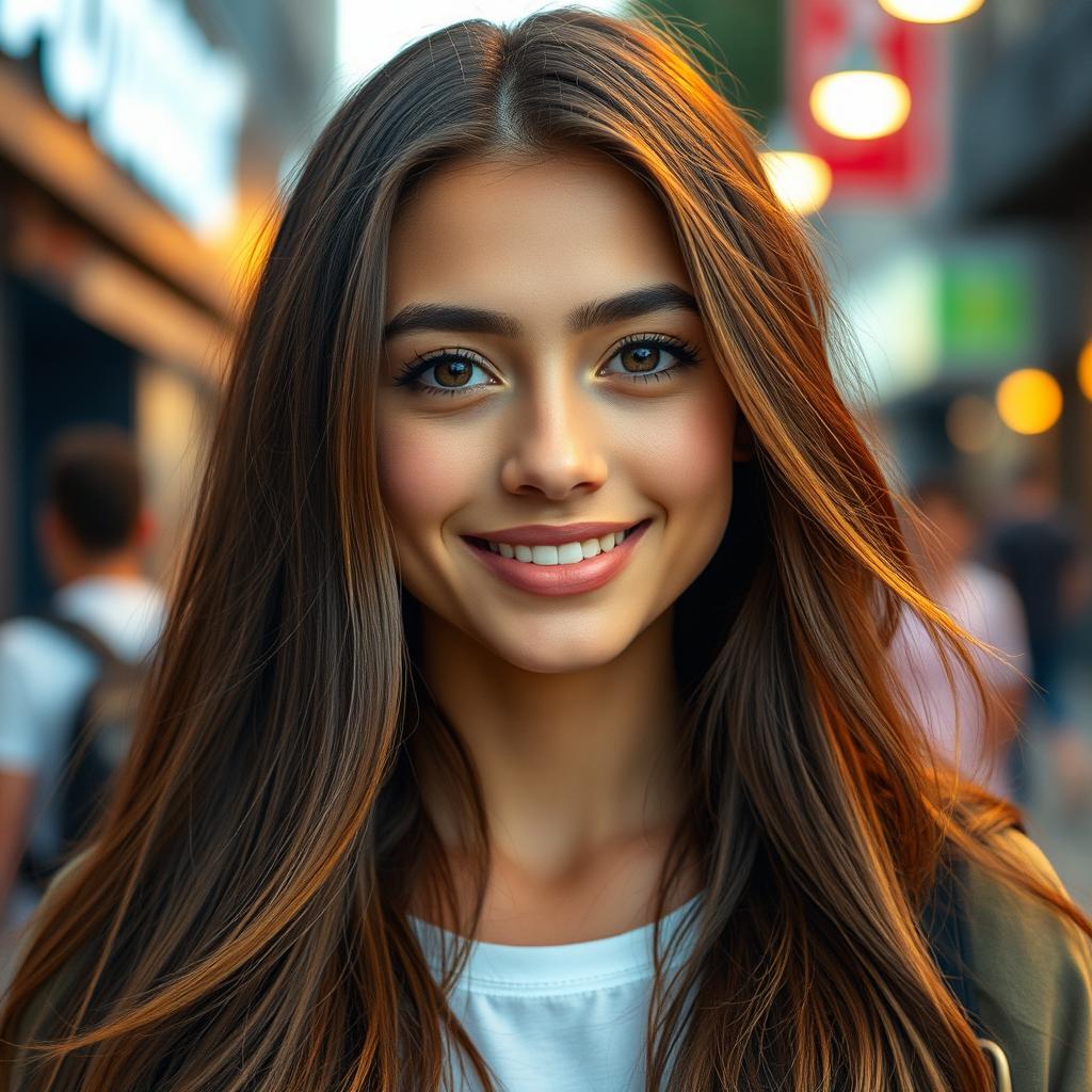 A beautiful young adult woman projected to be around ten years older, featuring long flowing hair, vibrant and expressive eyes, with a confident and radiant smile