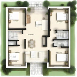 A house plan showcasing a simplistic design featuring three bedrooms, a kitchen connected to the dining room, and entrances from both the front and the back of the house.