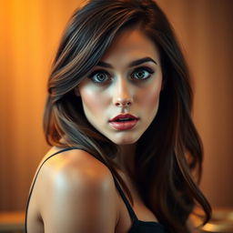 A gorgeous 30-year-old woman with a surprised expression, looking directly at the camera in a sensual pose