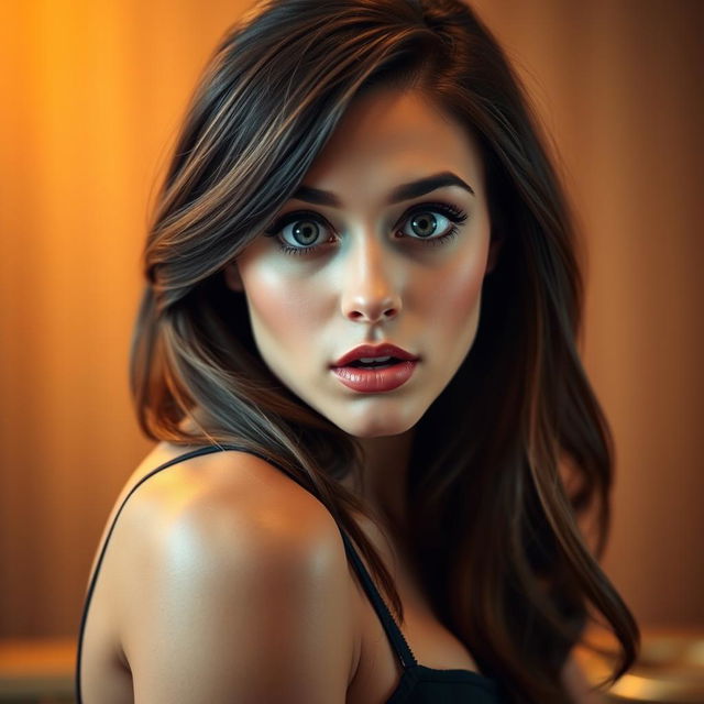 A gorgeous 30-year-old woman with a surprised expression, looking directly at the camera in a sensual pose