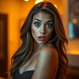 A gorgeous 30-year-old woman with a surprised expression, looking directly at the camera in a sensual pose