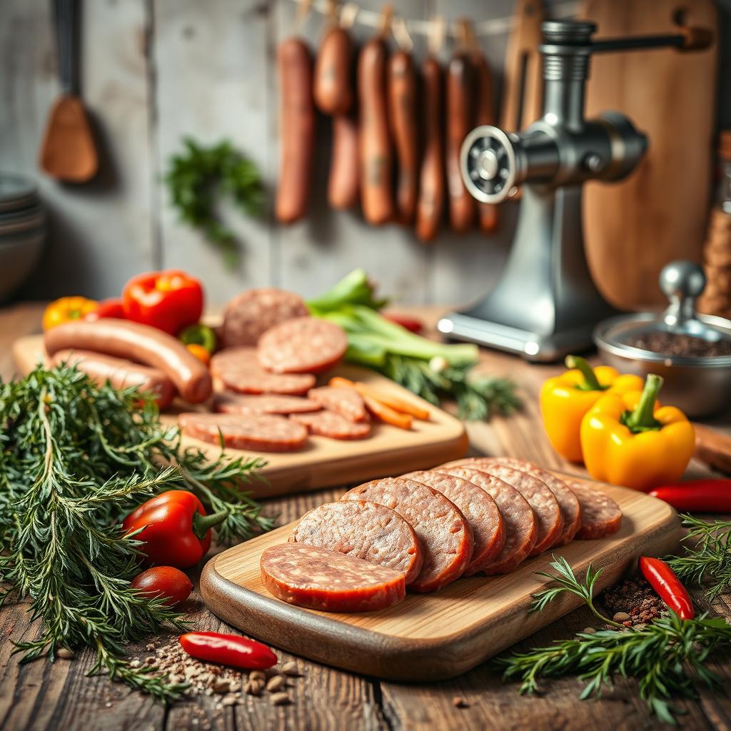 A rustic kitchen background featuring a wooden table scattered with fresh ingredients for making sausages, including herbs like thyme and rosemary, colorful peppers, and a variety of spices