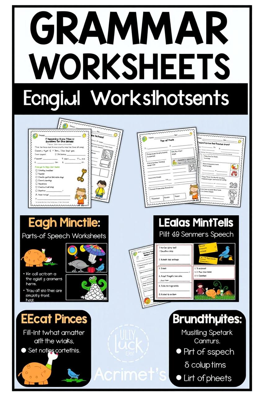 A visually appealing collection of English grammar worksheets designed for students, featuring various exercises like fill-in-the-blanks, matching, and sentence structure