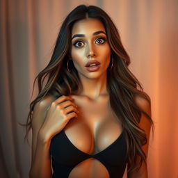 A beautiful 30-year-old woman with an astonished expression, facing the camera directly in a sensual pose