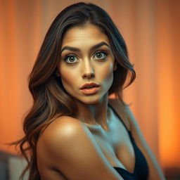 A beautiful 30-year-old woman with an astonished expression, facing the camera directly in a sensual pose
