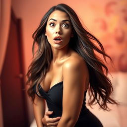 A beautiful 30-year-old woman with an astonished expression, facing the camera directly in a sensual pose