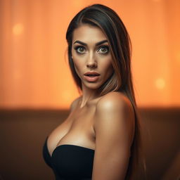 A beautiful 30-year-old woman with an astonished expression, looking directly at the camera in a sensual pose
