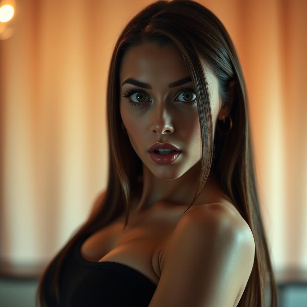 A beautiful 30-year-old woman with an astonished expression, looking directly at the camera in a sensual pose