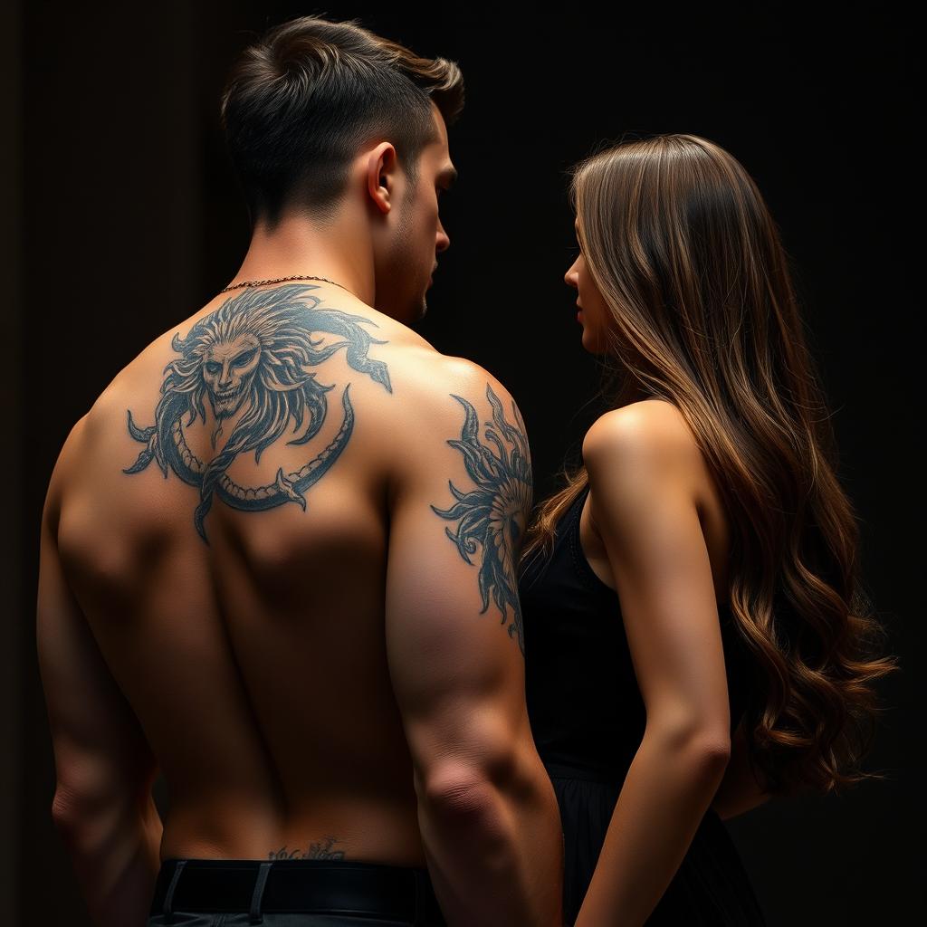 A tall, handsome man with an impressive tattoo of a Medusa on his neck, standing with his back to the viewer, gazing at a shorter woman