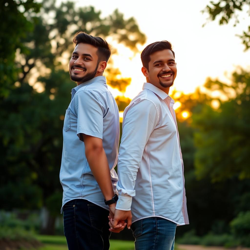 Two men standing back to back, holding hands