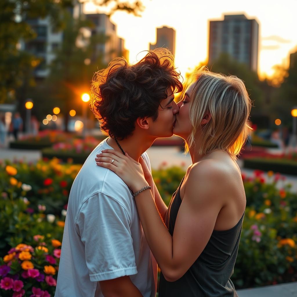 A romantic scene depicting a passionate kiss between two young men in a vibrant city park during sunset, with a backdrop of colorful flowers and lush greenery