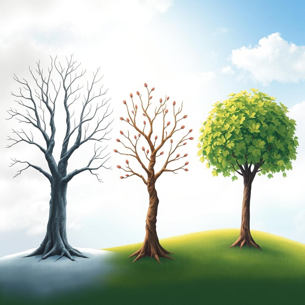 A whimsical depiction of a tree transitioning through the seasons