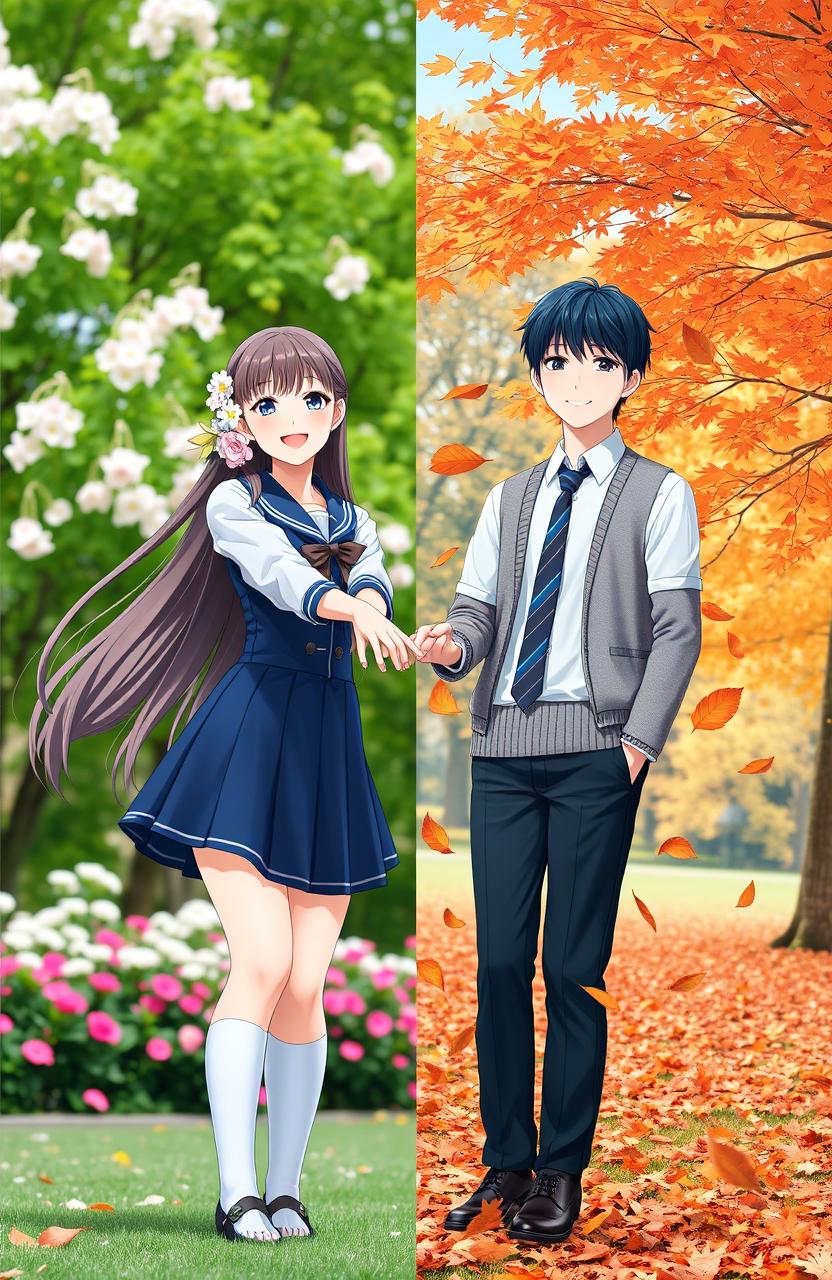 A split scene showcasing a girl standing in a vibrant spring setting on one side and a boy in a colorful autumn backdrop on the other