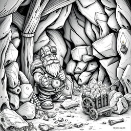 A finely detailed black and white drawing of a dwarven mineral prospector inside a well-designed mine