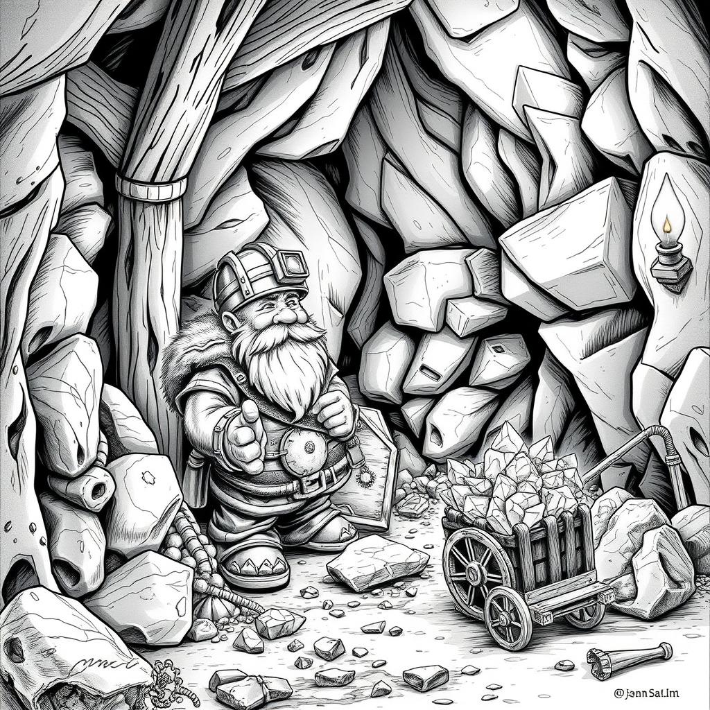 A finely detailed black and white drawing of a dwarven mineral prospector inside a well-designed mine