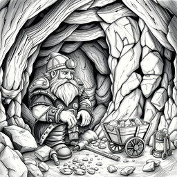 A finely detailed black and white drawing of a dwarven mineral prospector inside a well-designed mine